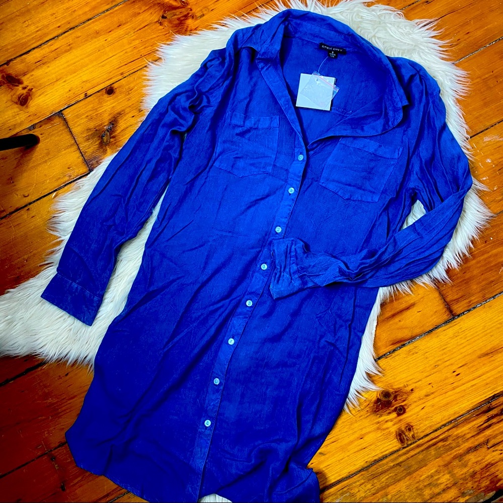 Style Envy Blue long sleeve button up dress